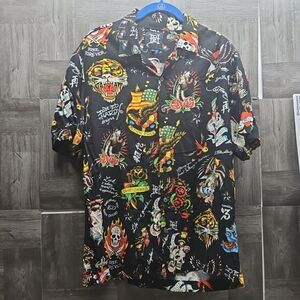 ED Hardy Mens Black Animal Print Short Sleeve Button Up Shirt Size M